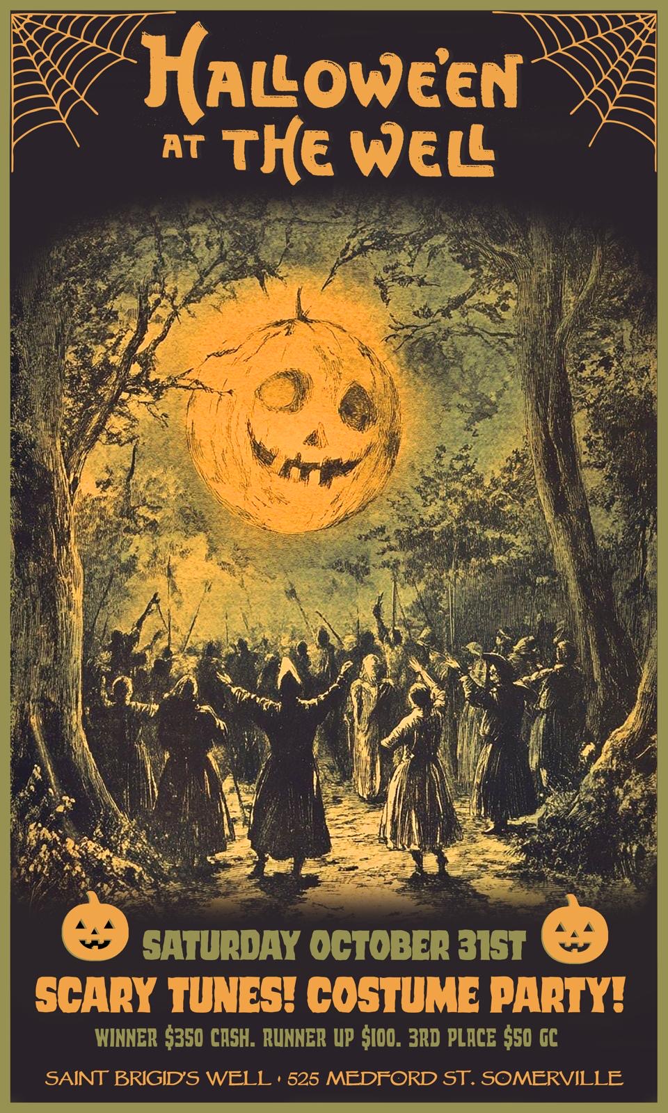 Vintage Halloween flyer: a glowing jack-o'-lantern moon over costumed dancers in a dark forest, titled Halloween at the Well.
